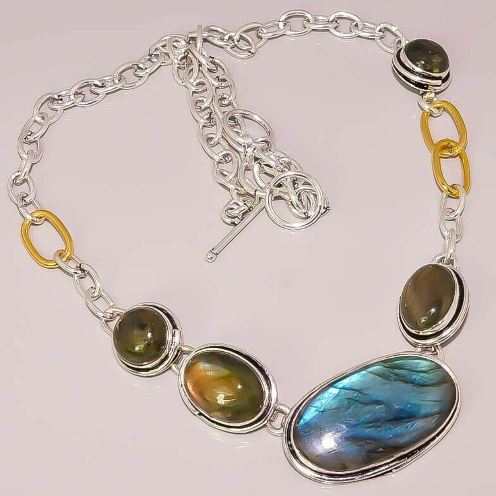 Natural Blue Fire Labradorite Two Tone 925 Silver